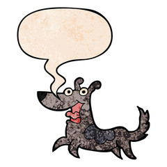 happy dog cartoon and speech bubble in retro texture style