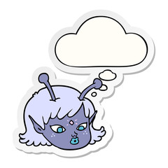 cartoon alien space girl face and thought bubble as a printed sticker
