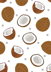 Coconut fruits seamless pattern whole and piece with dot on white background. Tropical fruit vector illustration