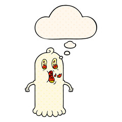 cartoon ghost with flaming eyes and thought bubble in comic book style