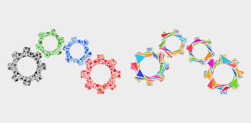 Cogwheel mechanism mosaic icon of triangle elements which have variable sizes and shapes and colors. Geometric abstract vector illustration of cogwheel mechanism.
