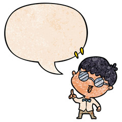 cartoon clever boy and idea and speech bubble in retro texture style