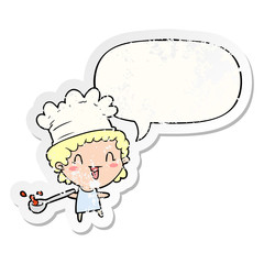 cute cartoon happy chef and speech bubble distressed sticker