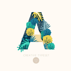 Uppercase alphabet letters with bushes, leaves and botanical elements isolated on background : Vector Illustration