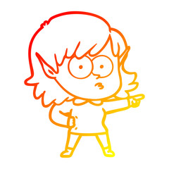 warm gradient line drawing cartoon elf girl staring and pointing