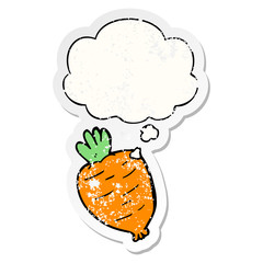 cartoon root vegetable and thought bubble as a distressed worn sticker