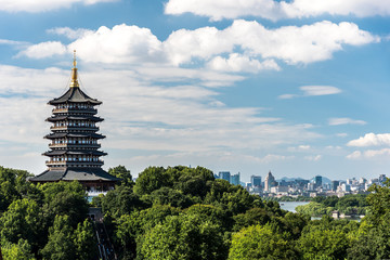 Leifeng Pagoda is a five stories tall tower with eight sides, located on Sunset Hill south of the West Lake in Hangzhou, China.  on the top of which can get a total overlook of West Lake.