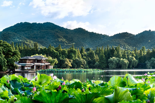 The beautiful landscape scenery of Xihu West Lake and pavilion in Hangzhou CHINA.