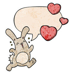 cartoon rabbit in love and speech bubble in retro texture style