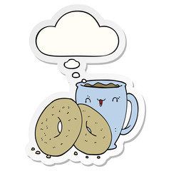 cartoon coffee and donuts and thought bubble as a printed sticker