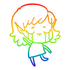rainbow gradient line drawing cartoon crying elf girl