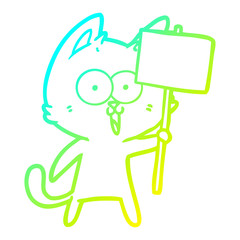 cold gradient line drawing funny cartoon cat with sign
