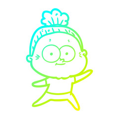 cold gradient line drawing cartoon happy old woman