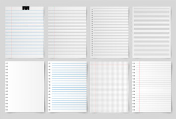 Set of blank white note paper and notebook sheet on gray background