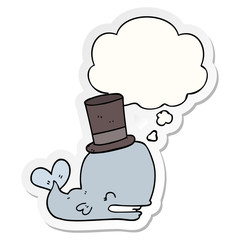 cartoon whale wearing top hat and thought bubble as a printed sticker