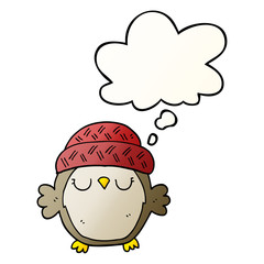 cute cartoon owl in hat and thought bubble in smooth gradient style