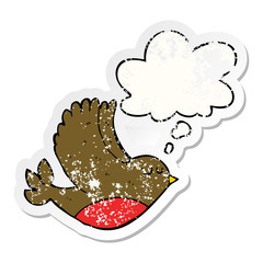cartoon flying bird and thought bubble as a distressed worn sticker