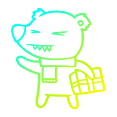 cold gradient line drawing cartoon angry polar bear with xmas present