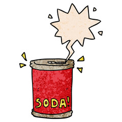 cartoon soda can and speech bubble in retro texture style