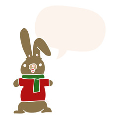 cartoon rabbit and speech bubble in retro style