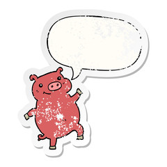 cartoon dancing pig and speech bubble distressed sticker