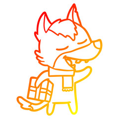 warm gradient line drawing cartoon wolf with christmas present laughing
