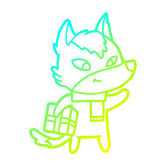 cold gradient line drawing friendly cartoon christmas wolf