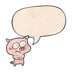 cartoon nervous pig and speech bubble in retro texture style