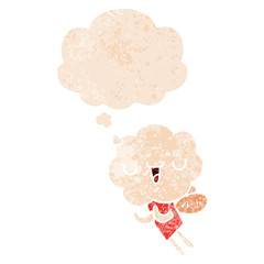 cute cartoon cloud head creature and thought bubble in retro textured style