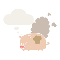 cartoon smelly pig and thought bubble in retro style