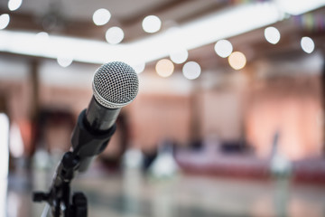 Seminar Conference Concept : Microphones for speech or speaking in seminar conference hall, prepare for talking lecture to audience university. Business meeting or education teaching ideas