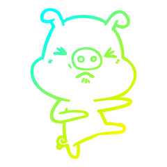 cold gradient line drawing cartoon angry pig kicking out