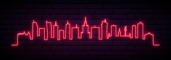 Red neon skyline of Warsaw city. Bright Warsaw Poland long banner. Vector illustration. © greens87