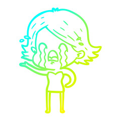 cold gradient line drawing cartoon woman crying