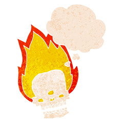 spooky cartoon flaming skull and thought bubble in retro textured style