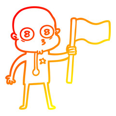 warm gradient line drawing cartoon weird bald spaceman with flag