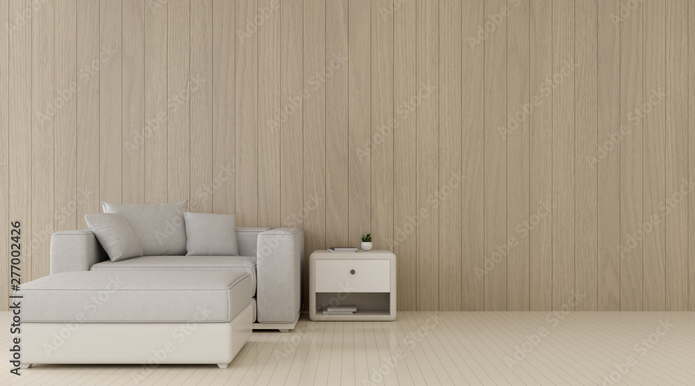 Poster view of living room in minimal style with sofa and small side table on wood laminate wall and floor.