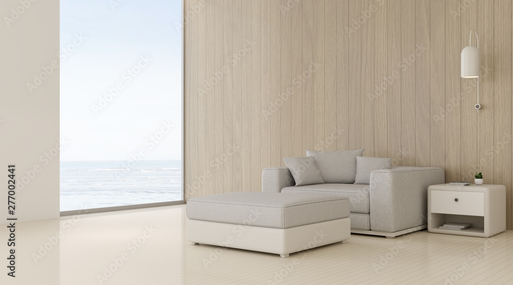 Poster view of living room in minimal style with sofa and small side table on wood laminate wall and floor.