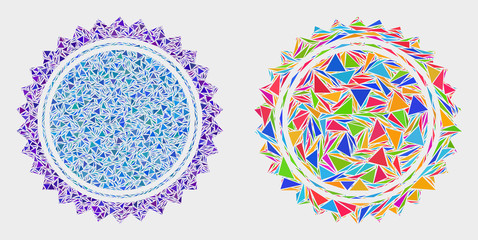 Round seal stamp collage icon of triangle elements which have variable sizes and shapes and colors. Geometric abstract vector design concept of round seal stamp.