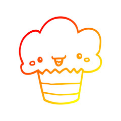 warm gradient line drawing cartoon cupcake with face