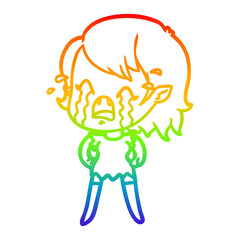 rainbow gradient line drawing cartoon crying vampire girl