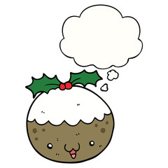 cute cartoon christmas pudding and thought bubble