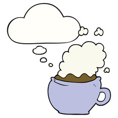 cartoon hot cup of coffee and thought bubble