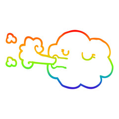 rainbow gradient line drawing cartoon cloud blowing a gale