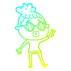 cold gradient line drawing cartoon woman making peace sign