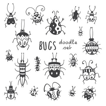 Cartoon bugs set. Different species of beetles.  Funny insects collection. Doodle style. Vector contour image white fill.