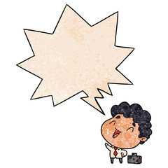 cute cartoon businessman and speech bubble in retro texture style