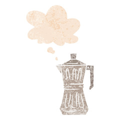cartoon espresso maker and thought bubble in retro textured style