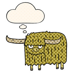 cartoon hairy cow and thought bubble in comic book style