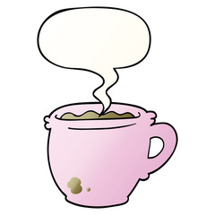 cartoon hot cup of coffee and speech bubble in smooth gradient style